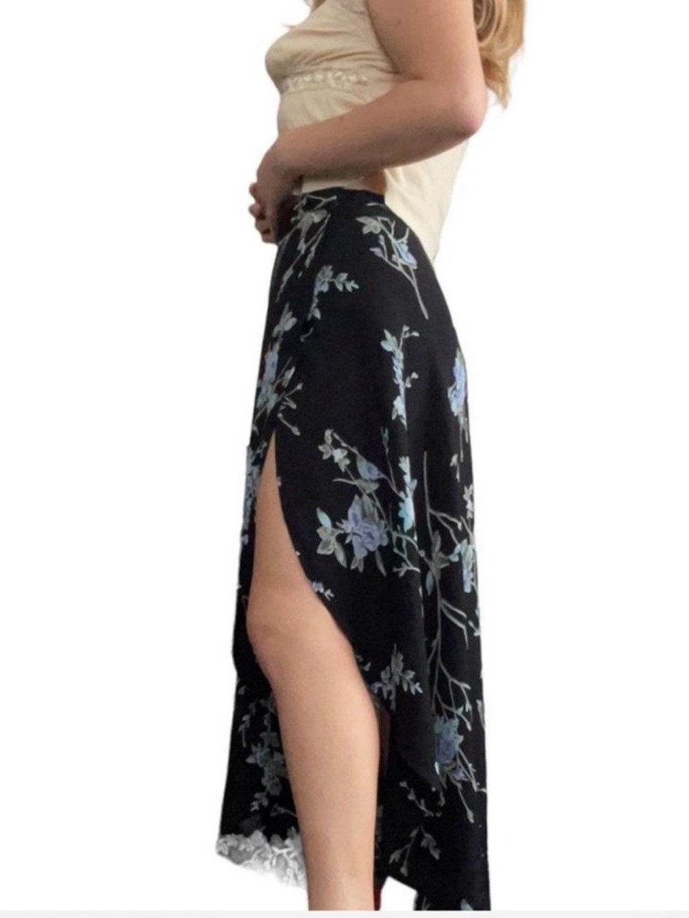 Reformation Black Floral Side-Slit  wrap skirt S